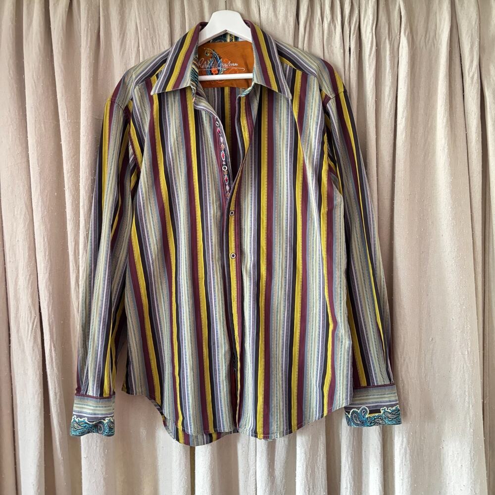 Robert Graham Multicolor Stripe Button Down Shirt Paisley Cuffs Men's XL